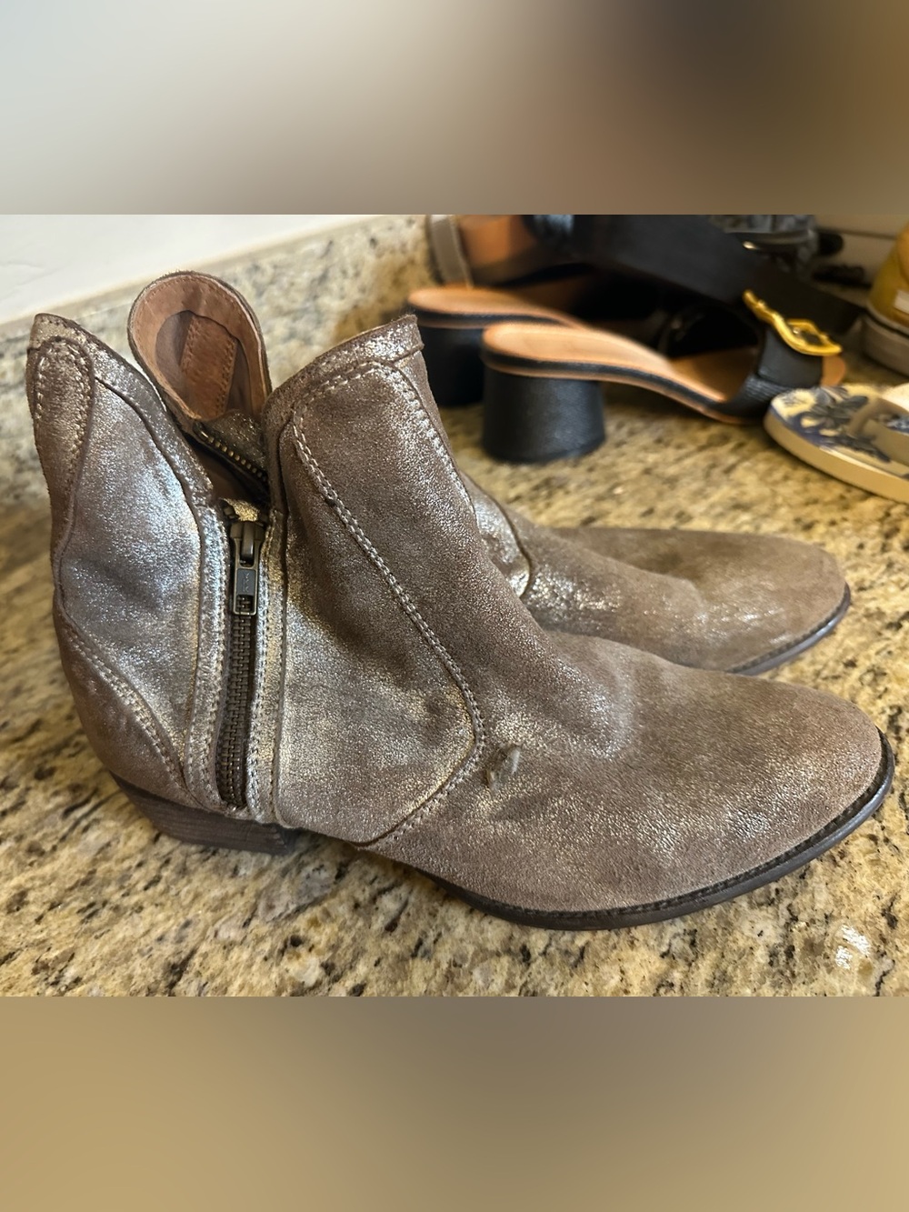 Anthropologie Taupe Suede Ankle Booties with Side Zip
